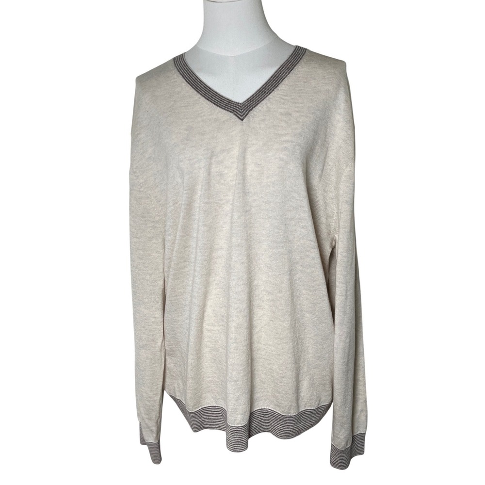 Mercerized Wool V‎ Neck Sweater Cream Striped Trim Daniel Cremieux XL